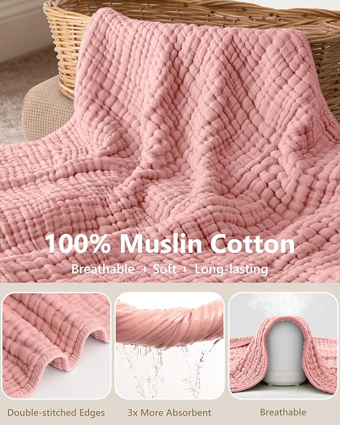 Baby Girl Bath Towels, 100% Muslin Cotton Hooded Baby Towels for Newborn, 2 Pack Baby Towels with Hood for Infant Toddler and Kids, Large 32x32Inch Essentials, Soft and Absorbent Pink Flower