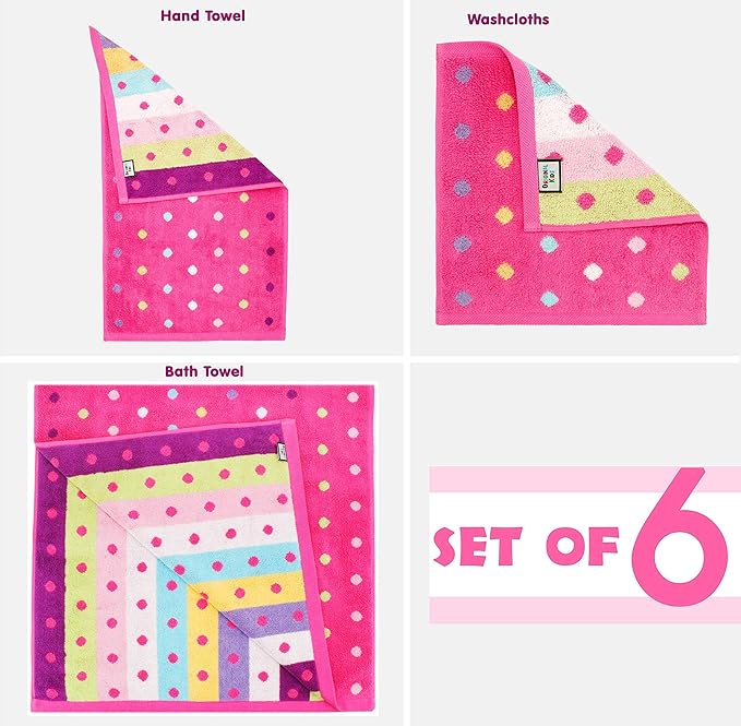 ORIGINAL KIDS 6 Piece Towel Set - Bath Time Sugar & Spice - 2 Towels, 2 Hand Towels, 2 Washcloths - 100% Cotton Jacquard Soft Absorbent Pool Beach Towel Gift - Pink Multicolor