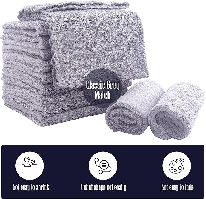 16 Pack Baby Washcloths - Luxury Coral Fleece - Extra Absorbent and Soft Wash Clothes for Newborn, Infants and Toddlers - Suitable for Sensitive Skin and New Born - Baby Shower - Light Grey,10x10 Inch