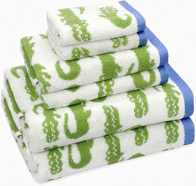 ORIGINAL KIDS 6 Piece Towel Set - Bath Time in A While Crocodile- 2 Bath Towels, 2 Hand Towels, 2 Washcloths - 100% Cotton Jacquard Soft Absorbent Pool Beach Towel Gift - Green Blue