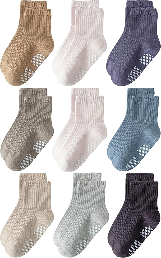 Toddler Grip Socks Non Slip Crew Socks Cute Seamless Cotton Socks for Baby Boys Girls Infants Kids 9 Pairs