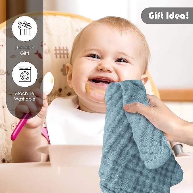 12 Pack Muslin Washcloths for Baby - 100% Cotton Baby Wash Cloths for or Baby Face Body Comfy and Soft for Newborn Infants Kids Girls and Boys - 12"x12" - Slate, Grey and Navy Series