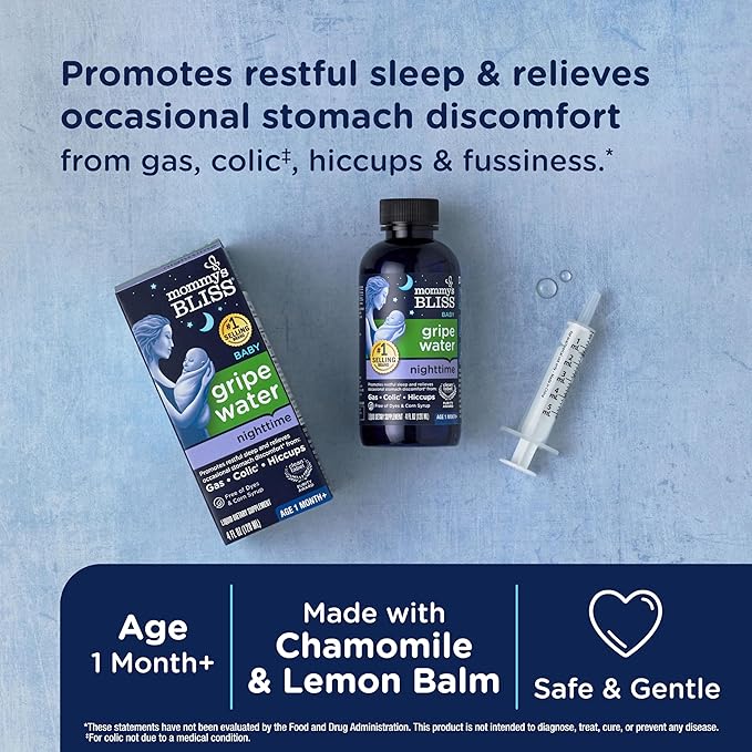 Mommy's Bliss, Bottle, Mommy's Bliss Night Time Gripe Water for Baby's Tummy Trouble - Relieves Occasional Infant Stomach Discomfort from Gas, Colic, Fussiness, Hiccups , 4 Fl Oz