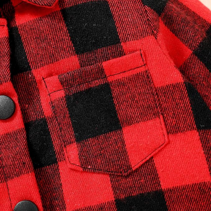 YOUNGER STAR Toddler Kids Boys Girls Flannel Hooded Plaid Shirt Button Baby Red Clothes