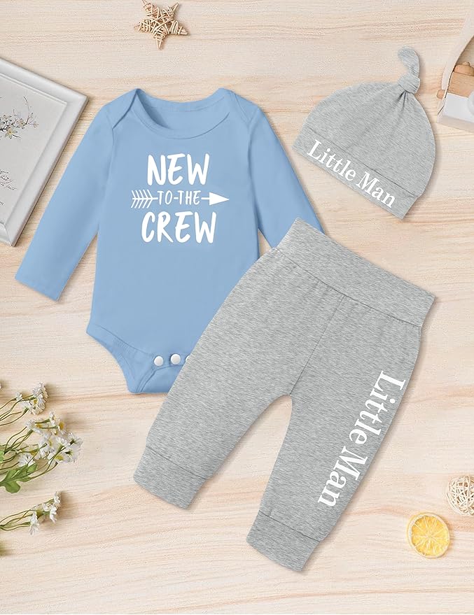 Fommy Newborn Baby Boy Clothes New to The Crew Letter Print Romper+ Pants+Hat 3PCS Outfit