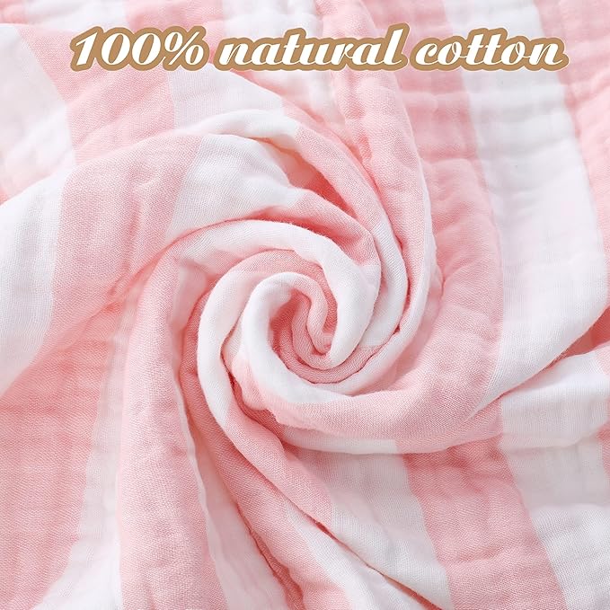 Muslin Baby Towel 5 Pieces Set, 100% Organic Cotton, Soft & Absorbent for Newborns to Toddlers, Baby Registry or Shower Gift (Pink Striped)