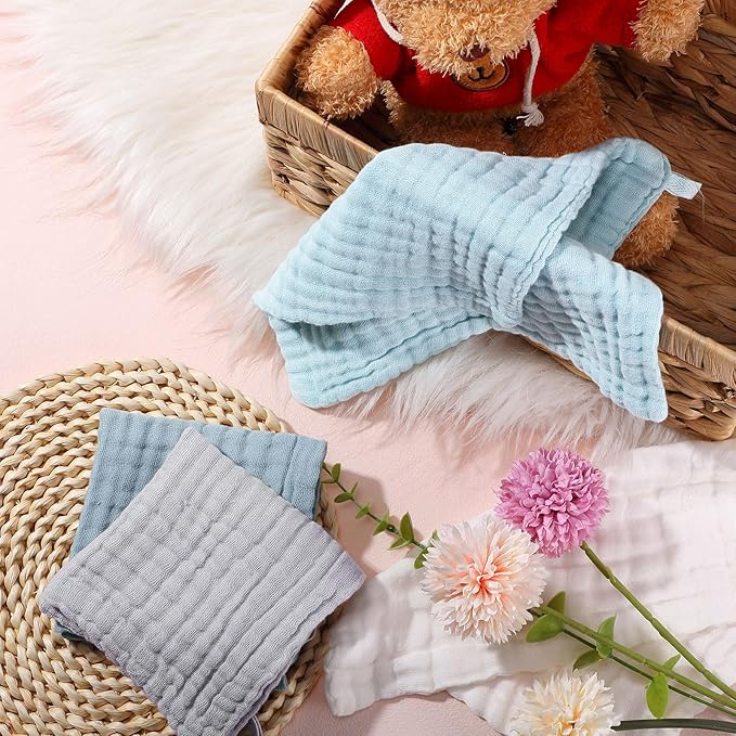 8 Pcs Baby Washcloths for Newborn 12 x 12 Inch Muslin Face Towels Cotton Absorbent for Delicate Skin Soft Muslin Cloth Reusable Baby Registry as Shower Gift, 4 Colors (Blue Color)