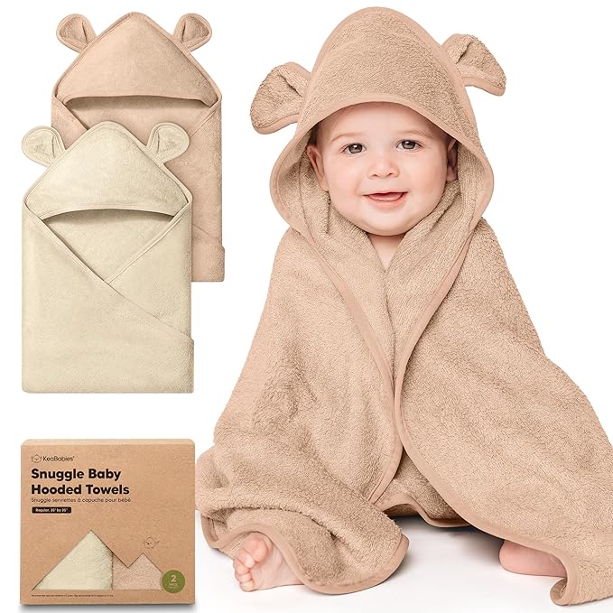 KeaBabies 2-Pack Hooded Baby Towels for Newborn - 35x35 Soft & Absorbent Viscose From Bamboo Baby Bath Towels with Hood for Infant, Toddler, Kids, Boys Girls, Newborn Bath Essentials (Almond, Regular)