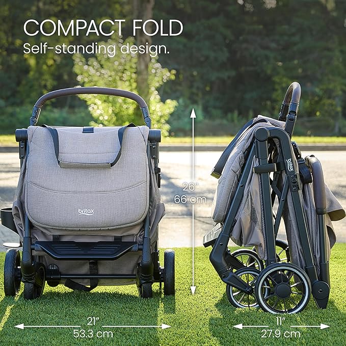 Britax Juniper+ Compact Stroller, Portable & Lightweight On-The-Go Stroller with Fastpack & One-Hand RapidFold, Infant Car Seat Compatible, Built-in Carry Strap, Ventilating Fabrics — Teak