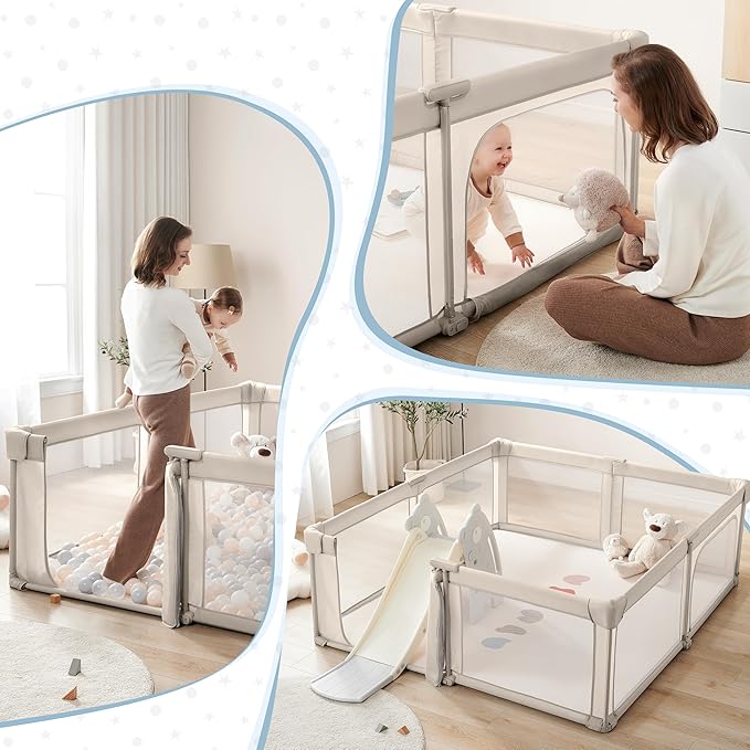 Sweeby Baby Playpen, 59x59 Inch Gate Foldable for Babies and Toddlers, Extra Large with Door Play Yard for Fence Indoor and Outdoor, Light Khaki