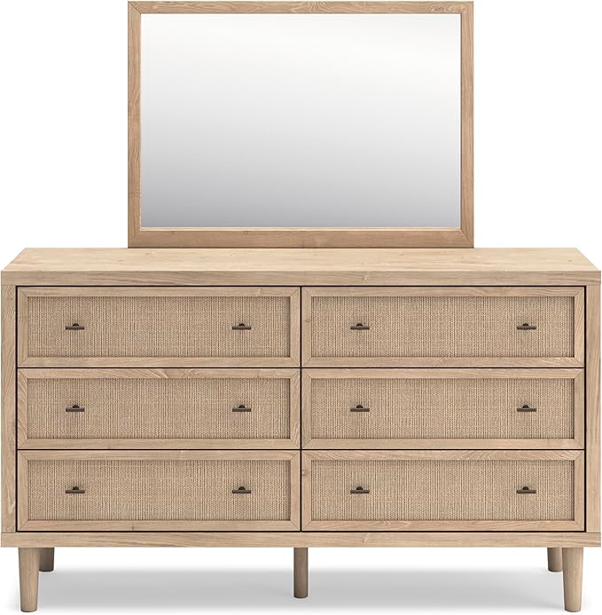 Signature Design by Ashley Cielden French Country 6-Drawer Dresser and Mirror with Safety Stop, Light Brown