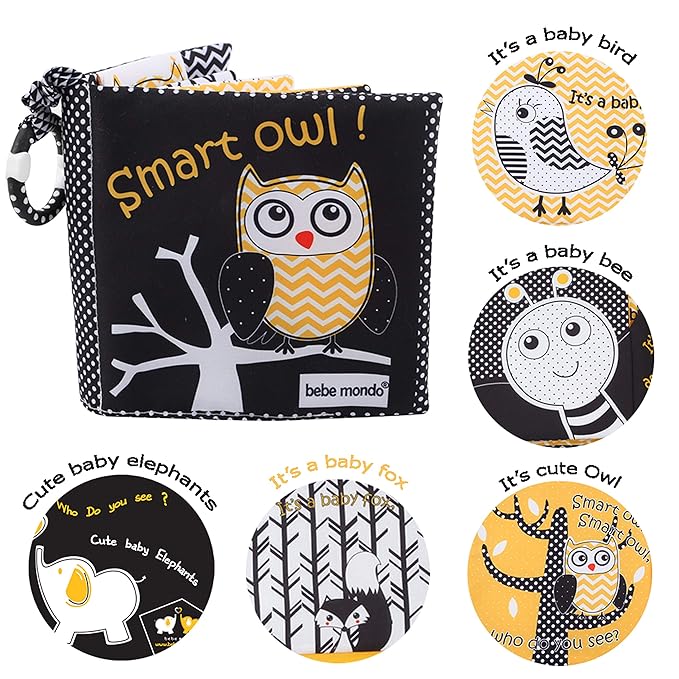 Touch and Feel Cloth Crinkle Books for Babies Infant, Baby Books Toys 0-3-6-12 Months, Christmas Shower Baby Gifts, High Contrast Toy,Teething Teethers, Tummy Time Mirror Toys for Boys and Girls-Owl