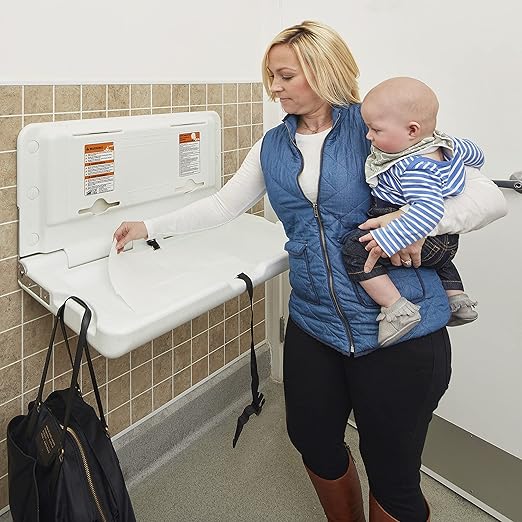 ECR4Kids Horizontal Wall-Mounted Changing Station with 500 Sanitary Liners, Baby Changer, White Granite