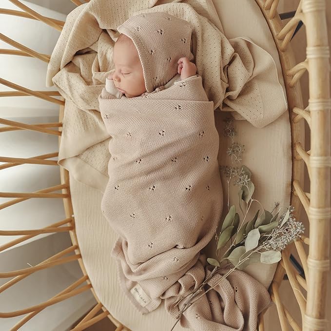 Baby Gift Set - Organic Cotton Newborn Blanket Essentials, Thoughtful Baby Shower & New Baby Gift for Boys & Girls (Pointelle - Oatmeal)