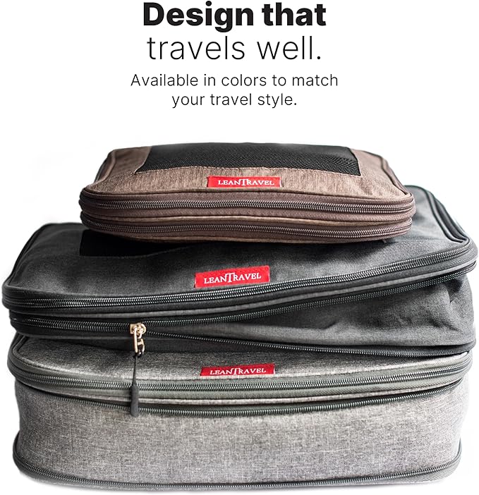 LeanTravel Premium Compression Packing Cubes for Travel - Luggage Organizers with Double Zipper - Sturdy Bags for Suitcase (6-Pack, Grey, Black, Brown)