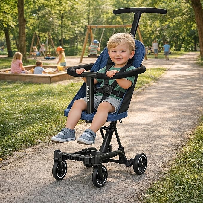 Dream On Me Coast Rider Travel Stroller, Lightweight & Compact Baby Stroller, Theme Park Approved, Book-Folding Design, Adjustable Handle, Soft-Ride Wheels, Converts to Rider & Scooter - Navy
