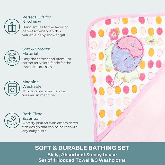 Spasilk Baby Bath Hooded Terry Towel with 3 Washcloths, Baby Bath Essentials, One Size, Pink Fish (Pack of 2)
