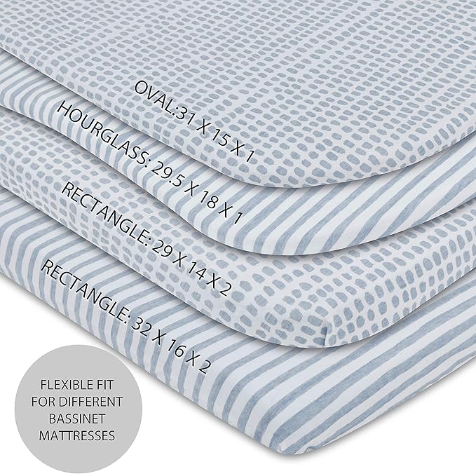 Ely’s & Co. Patent Pending Waterproof Bassinet Sheet 2-Pack Set for Baby Boy - 100% Cotton, Jersey Knit Cotton Sheets with Waterproof Lining — Misty Blue, Stripes and Splashes