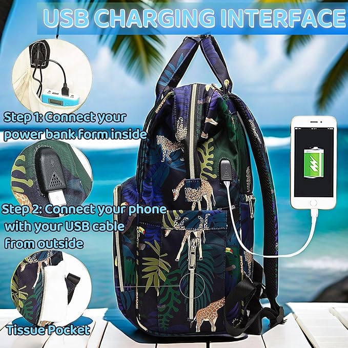 Diaper Bag Backpack, Animal Print Travel Nappy Bag with USB Charging Port Stroller Straps and Insulated Pocket For Women/Mum (Animal Print Pattern)