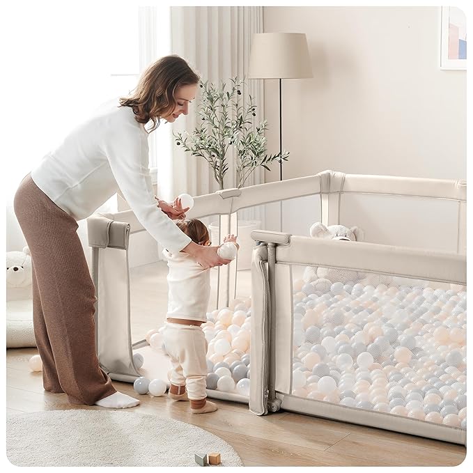 Sweeby Baby Playpen, 59x59 Inch Gate Foldable for Babies and Toddlers, Extra Large with Door Play Yard for Fence Indoor and Outdoor, Light Khaki