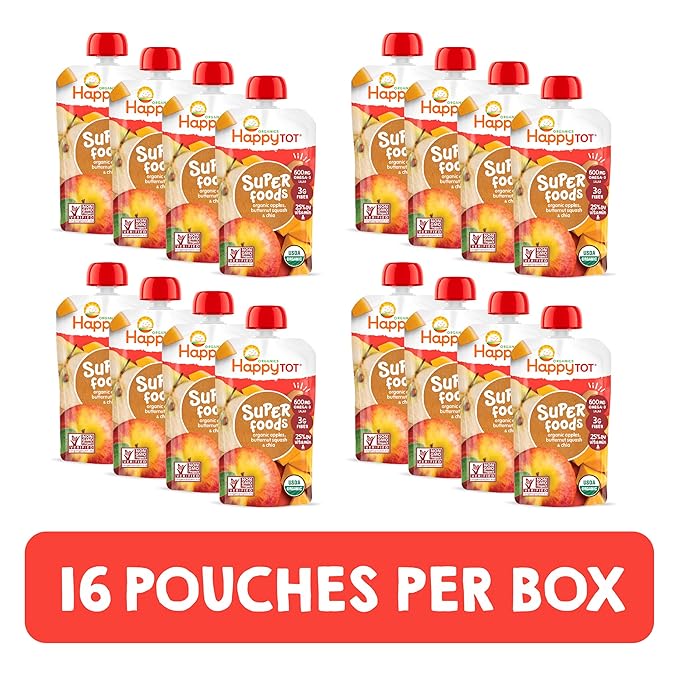 HAPPYTOT Organics Stage 4 Baby Food Pouches, Gluten Free, Vegan Snack, SuperFoods Fruit & Veggie Puree, Apples, Butternut Squash & Chia, 4.22 Ounce (Pack of 16)