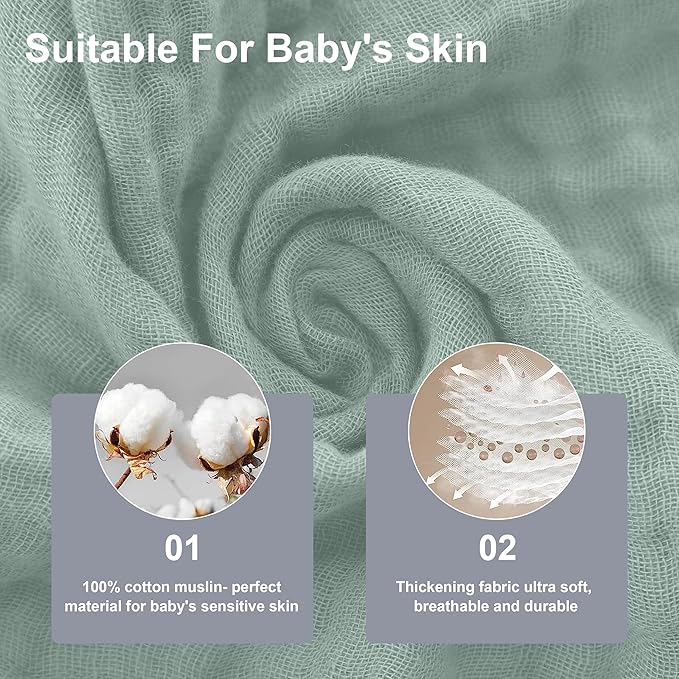SWEET DOLPHIN 12 Pack Baby Muslin Washcloths - Soft Face Cloths for Newborn, Absorbent Bath Wash Cloths, Wipes, Burp Rag - Toddlers Essentials Stuff, Baby Registry as Shower -10"x10", Green