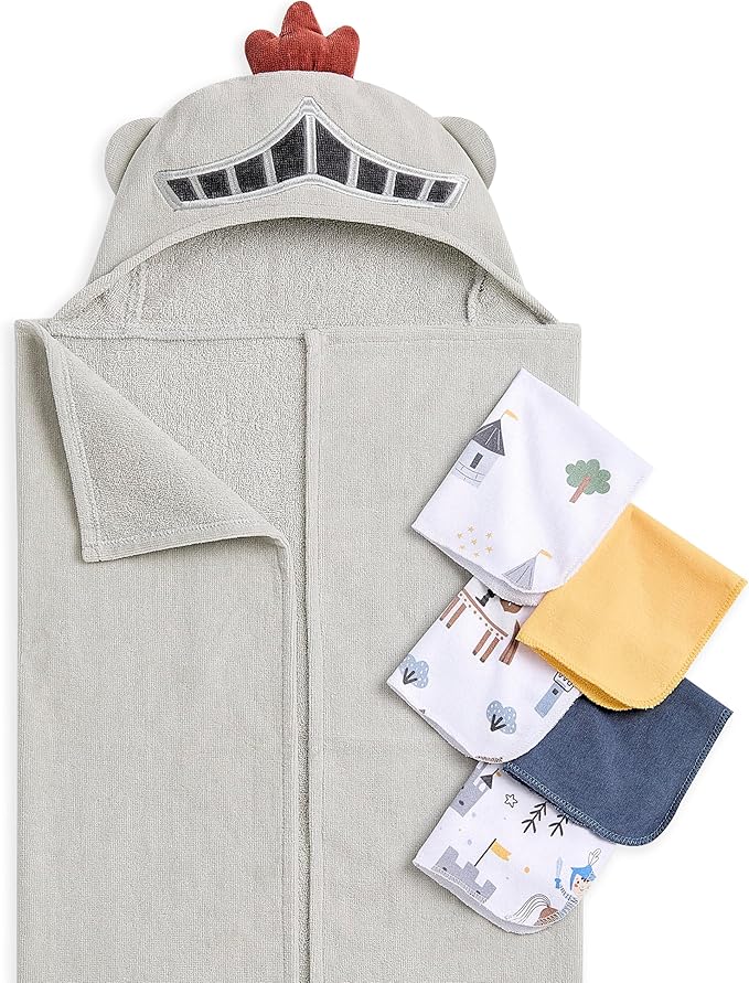 Evolur Good Knight 6 pc Baby Gift Set, Includes Hooded Towel & 5pc Wash Cloths, Soft and 100% Cotton Woven, for Newborn, Infants and Toddlers 0-9 Months