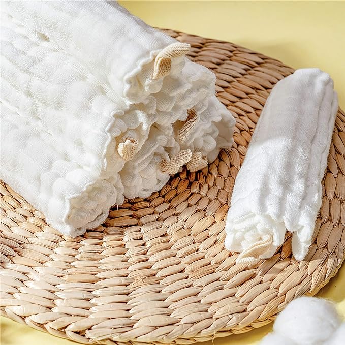 Baby Muslin Washcloths- Natural Cotton Wipes - Soft Newborn Face Towel for Sensitive Skin- Registry as Shower, 10 Pack 12x12 inches by MUKIN (White)