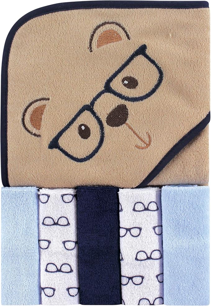 Luvable Friends Unisex Baby Hooded Towel with Five Washcloths, Smart Bear, One Size