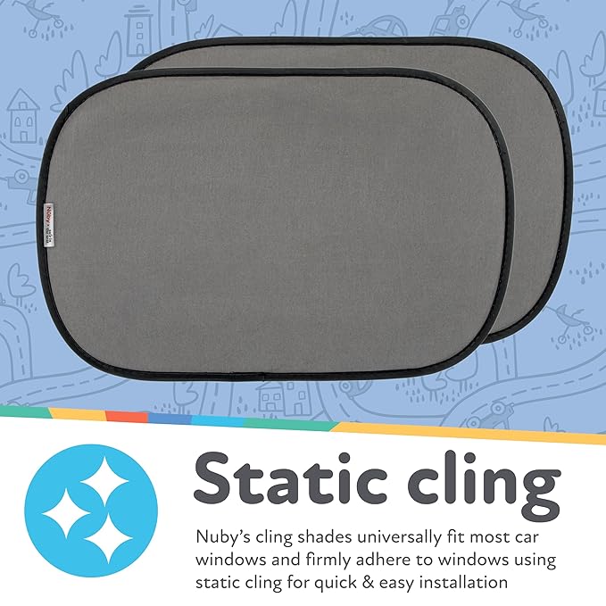 Nuby x Safe in The Seat Pop-Open Car Sun Shades - 2 Piece Set - Static Cling Window Shades for Baby in Car - UV Protection, Easy Install, and Universal Fit