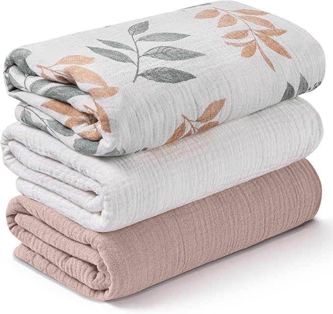 Muslin Swaddle Blankets for Newborn, 3 Pack Breathable Soft Receiving Blanket, Large 38 x 40 inches Swaddle Wrap Burping Clothes Diapers, Essentials Infant Shower Items, Toddler Gift (Gentle Colors)