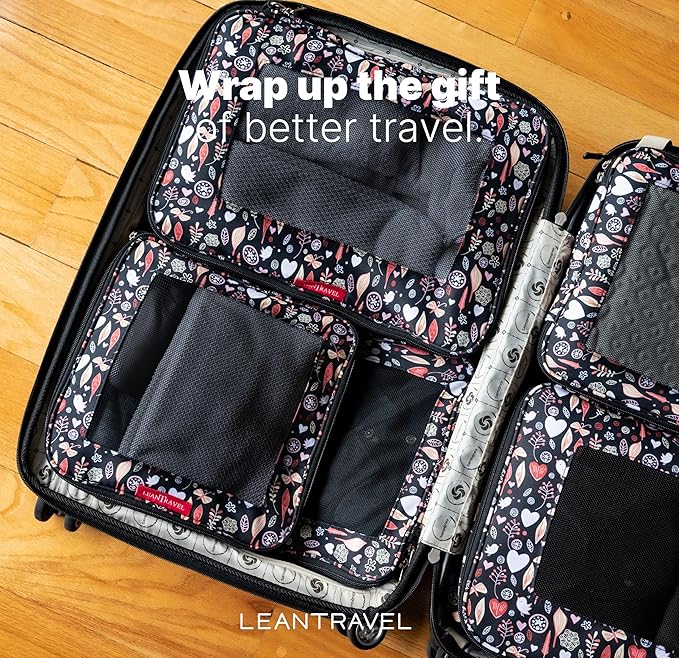 LeanTravel Premium Compression Packing Cubes for Travel - Luggage Organizers with Double Zipper - Sturdy Bags for Suitcase (6-Pack, Flowers)
