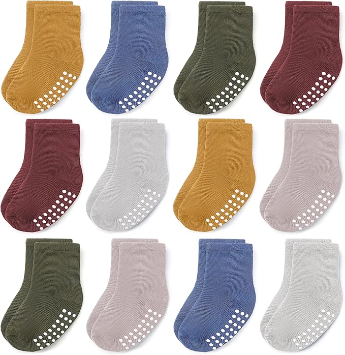 JAKIDAR 12 Pack Baby Toddler Socks Non Slip Grip Cotton Crew Socks for Boys Girls Infants Kids