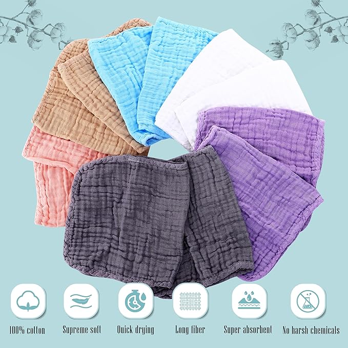 Cute Castle 12 Pack Muslin Burp Cloths for Baby - Ultra-Soft 100% Cotton Baby Washcloths - Large 20'' by 10'' Super Absorbent Milk Spit Up Rags - Burpy Cloths for Unisex, Boy, Girl - Multicolor