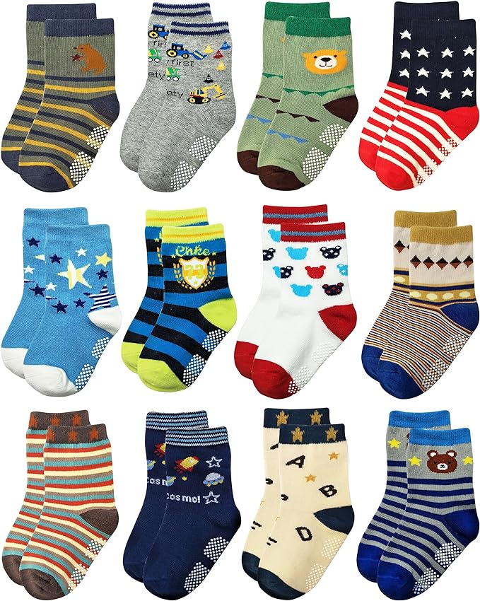 RATIVE Non Skid Anti Slip Crew Socks With Grips for Baby Infant Toddlers Kids Boys