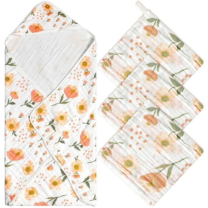 Zainpe 4Pcs Muslin Baby Hooded Towel & Washcloth Set, Flowers Soft Absorbent Cotton Bath Hand Towels Infant Shower Gifts for Newborn Toddler Boys Girls Feeding Teething Sleeping 31.5 X 31.5 in