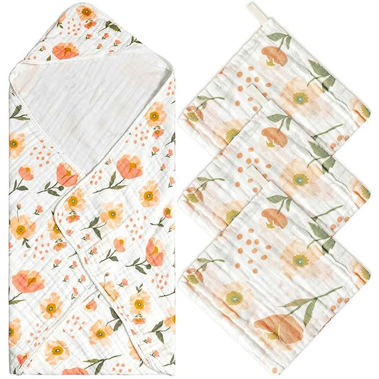 Zainpe 4Pcs Muslin Baby Hooded Towel & Washcloth Set, Flowers Soft Absorbent Cotton Bath Hand Towels Infant Shower Gifts for Newborn Toddler Boys Girls Feeding Teething Sleeping 31.5 X 31.5 in