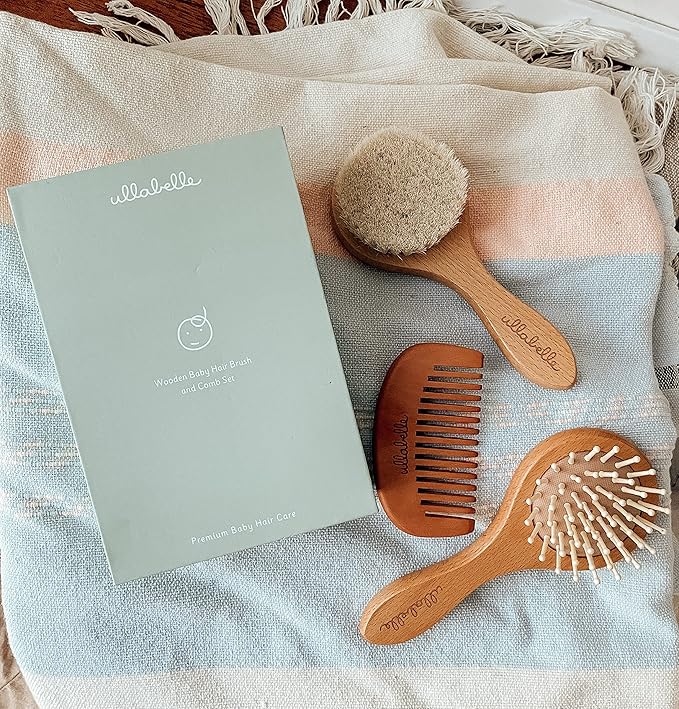Ullabelle 3 Piece Wooden Baby Hair Brush and Comb Set for Newborns & Toddlers in Chic Gift Box - Ultra Soft Natural Goat Hair and Wood Baby Brush Set Prevents Cradle Cap - Perfect Registry Gift (Sage)