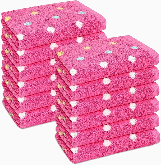 ORIGINAL KIDS Wash Cloth - Bath Time Sugar and Spice Set of 12 Washcloths - 100% Cotton Jacquard Super Soft Colorful Absorbent Quick Dry Easy Care Face Towel Face Cloth Gift - 12x12 - Pink Multicolor