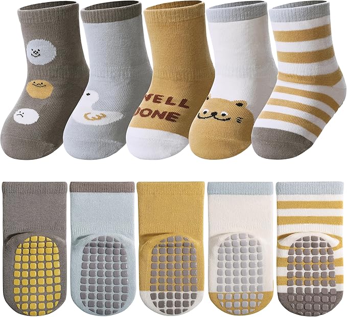 TRUEHAN 5 Pairs Toddler Non Slip Socks with Grips Baby Socks for Kids Girls Boys