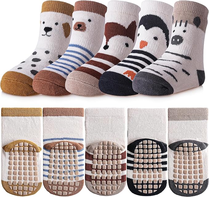 TRUEHAN 5 Pairs Toddler Non Slip Socks with Grips Baby Socks for Kids Girls Boys