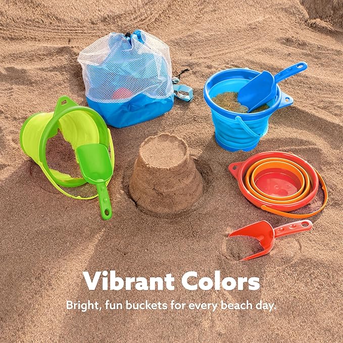JOYIN 3 Packs Foldable Pail Bucket with Shovels & Mesh Bag, Collapsible Buckets Multi Purpose for Beach, Camping Gear, Beach Party, Fishing, and Fun Summer Activities (Orange/Blue/Green)