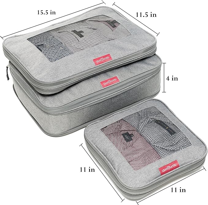 LeanTravel Premium Compression Packing Cubes for Travel - Luggage Organizers with Double Zipper - Sturdy Bags for Suitcase (3-Pack, Grey)